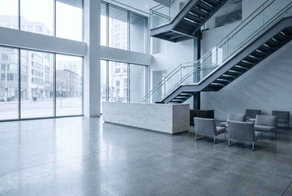 An empty modern office lobby with a stone reception desk and a steel staircase.
