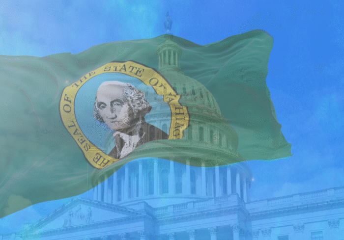 Washington state flag overlaying the State capital